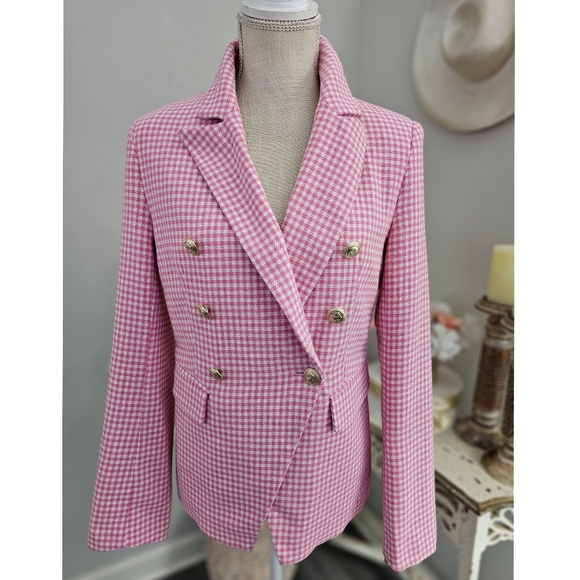 Alara Pink White Check Gold Button Tweed Blazer - Picture 2 of 9